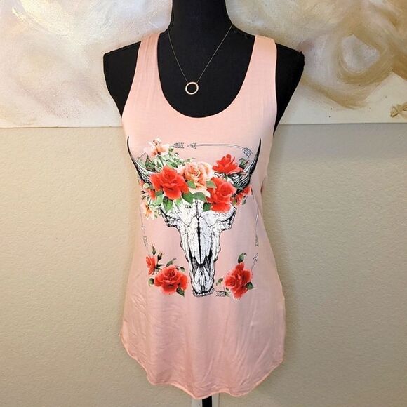 Bull Skull with Infinity Arrows & Floral Detail Tank Top Pink - Picture 13 of 15